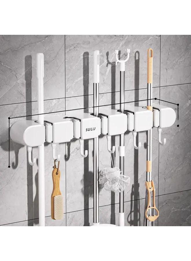 حامل ممسحة ومقشة للحائط مع ٣ مشابك و٤ خطافات بلون العاجي الأبيض - منظف تخزين بدون حفر - Image 1