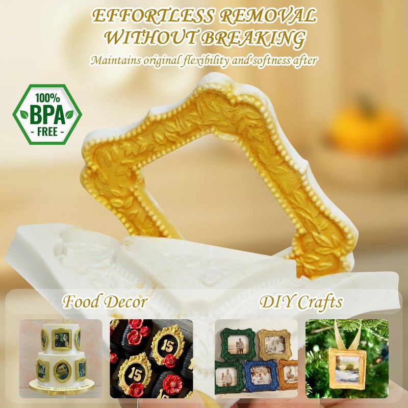 HKNMTT Picture Frame Molds Silicone Baroque Vintage for Fondant Candy Clay Covered Oreo Cake Photo Decorating Cupcake Toppers, 4 Shaped Round Square Frame Moulds Craft DIY Supplies Set - Image 4
