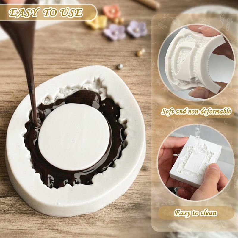 HKNMTT Picture Frame Molds Silicone Baroque Vintage for Fondant Candy Clay Covered Oreo Cake Photo Decorating Cupcake Toppers, 4 Shaped Round Square Frame Moulds Craft DIY Supplies Set - Image 5