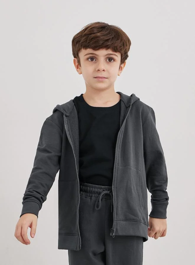 Styli Styli Charcoal Cotton Full Zip Hoodie with Pocket