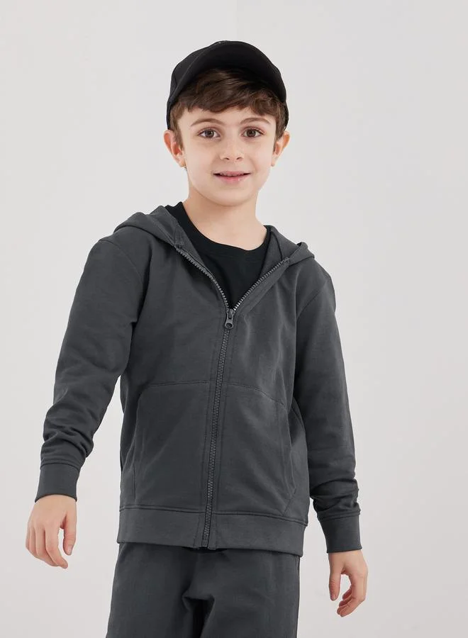 Styli Styli Charcoal Cotton Full Zip Hoodie with Pocket