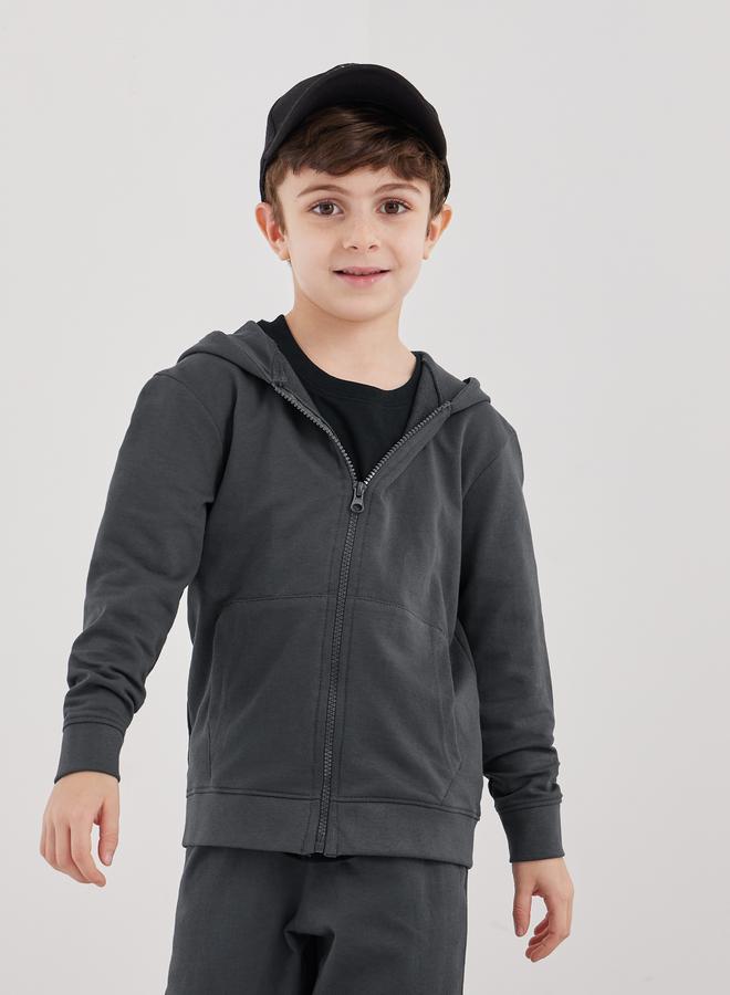 Styli Charcoal Cotton Full Zip Hoodie with Pocket - Image 1