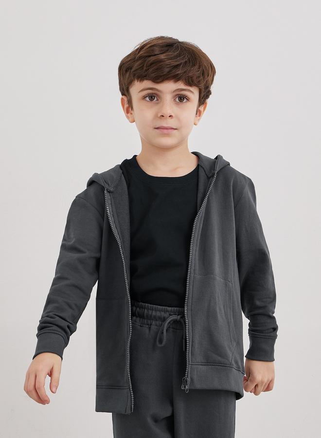 Styli Charcoal Cotton Full Zip Hoodie With Pocket - Image 1