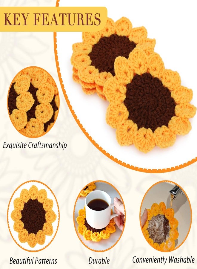 kilofly 6 pc Sunflower Crochet Coasters for Drinks 13cm 5" Handmade Doilies Set - Image 3