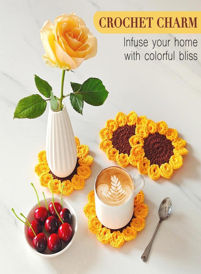 kilofly 6 pc Sunflower Crochet Coasters for Drinks 13cm 5" Handmade Doilies Set - Image 4