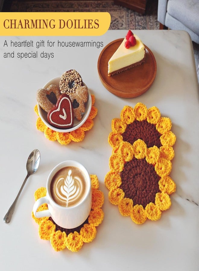 kilofly 6 pc Sunflower Crochet Coasters for Drinks 13cm 5" Handmade Doilies Set - Image 5