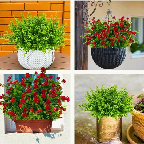 Tdas Artificial Plants for Home Decor Eucalyptus Fern Flora Plant Decorative Items Flower Leaves Living Room Bedroom Decoration vase Show Pieces pots Office (Red - 2 pcs) - Image 4