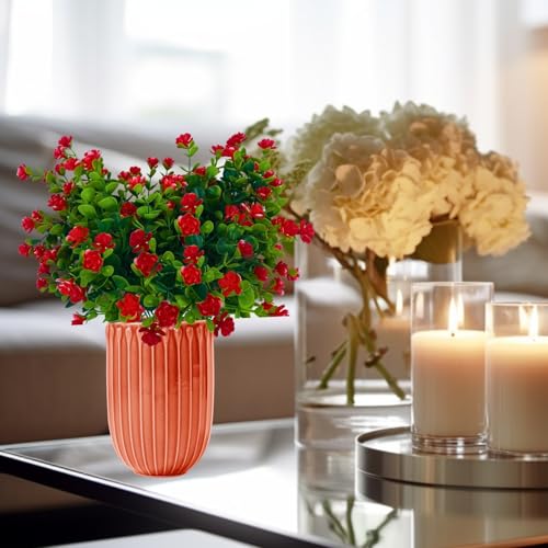Tdas Artificial Plants for Home Decor Eucalyptus Fern Flora Plant Decorative Items Flower Leaves Living Room Bedroom Decoration vase Show Pieces pots Office (Red - 2 pcs) - Image 3