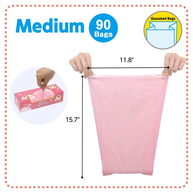 BOS Amazing Odor Sealing Baby Diaper Disposal Bags - Durable and Unscented [Size: M, Color: Pink] (90 count, Pack of 1) (90 Bags) - Image 2