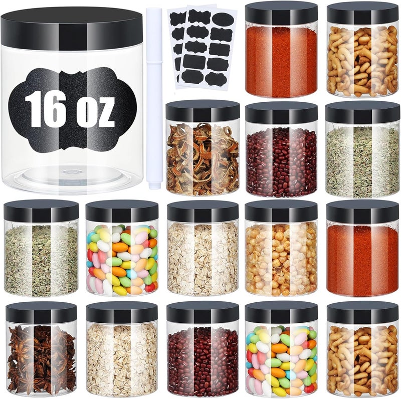 CrazyStorey Plastic Jars with Lids, 16 oz Plastic Containers with Lids Clear Airtight Container Storage Jar Mason Jars for Dry Food Peanut Butter Honey Jam Cosmetics, Pack of 16 (16 PCS Black Lids) - Image 1