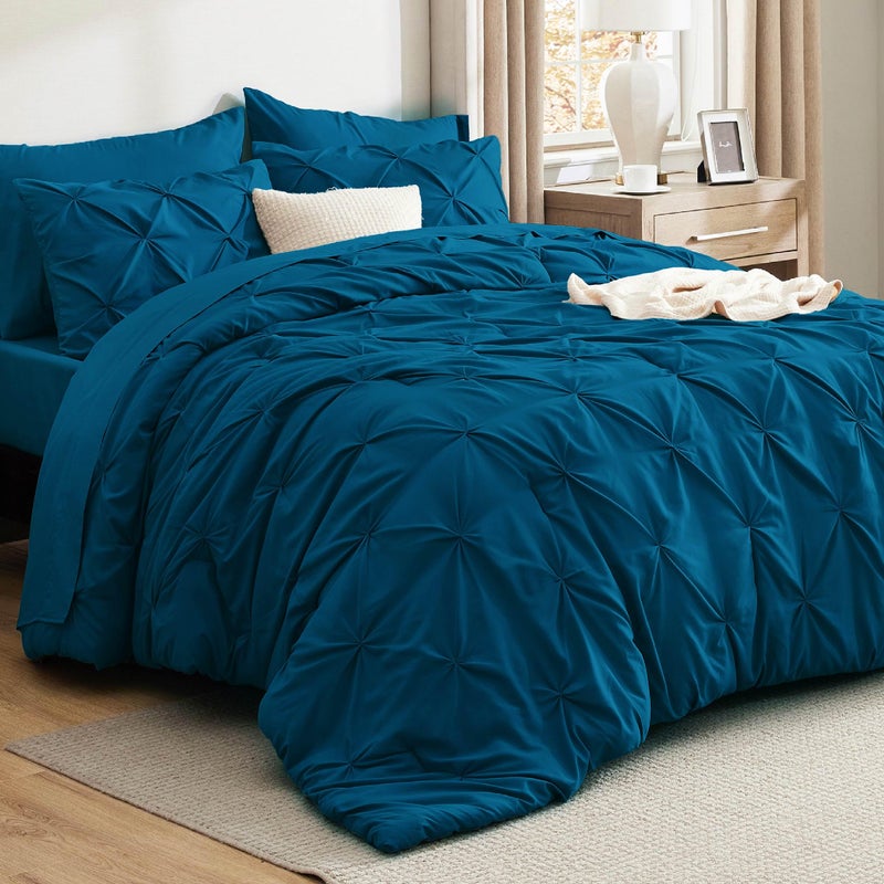 Bedsure Queen Comforter Set Teal - Bed in a Bag Queen Size Bedding 7 Pieces, GentleSoft™ Pintuck Bed Set Gift for Family, Pinch Pleat All Season Comforter with Sheets, Pillowcases & Shams - Image 1