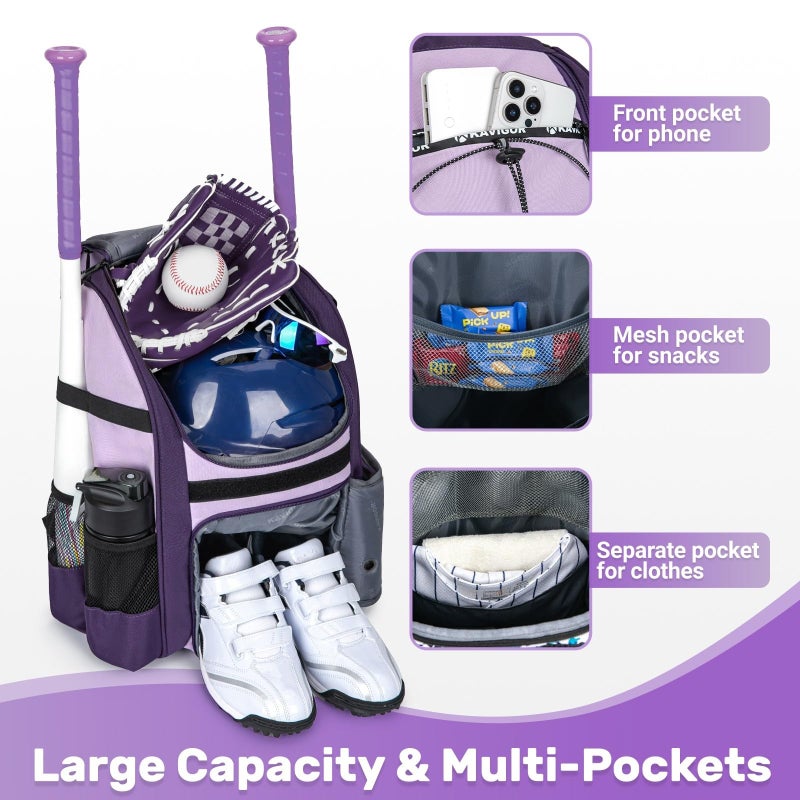 KAVIGOR Youth Baseball Bag, Softball Bag for Girls & Boys, Kids Tball Backpack with Shoes Compartment - Image 3