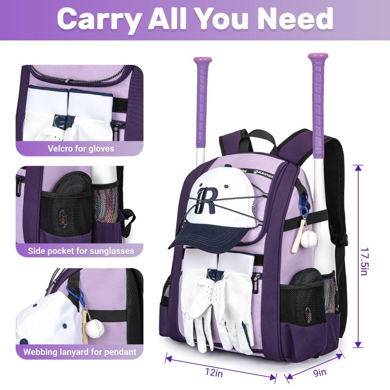 KAVIGOR Youth Baseball Bag, Softball Bag for Girls & Boys, Kids Tball Backpack with Shoes Compartment - Image 4
