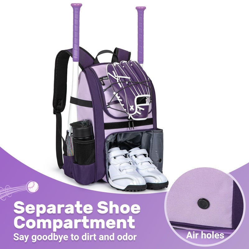KAVIGOR Youth Baseball Bag, Softball Bag for Girls & Boys, Kids Tball Backpack with Shoes Compartment - Image 2