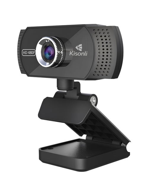 Kisonli PC-5 HD 480P Webcam with Manual Focus and Built-in Mic - USB Plug and Play - Compatible with Windows XP/7/10-BLACK