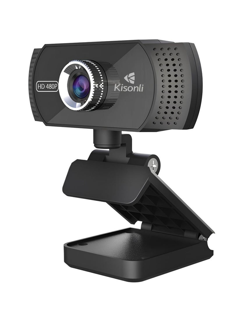 Kisonli PC-5 HD 480P Webcam with Manual Focus and Built-in Mic - USB Plug and Play - Compatible with Windows XP/7/10-BLACK