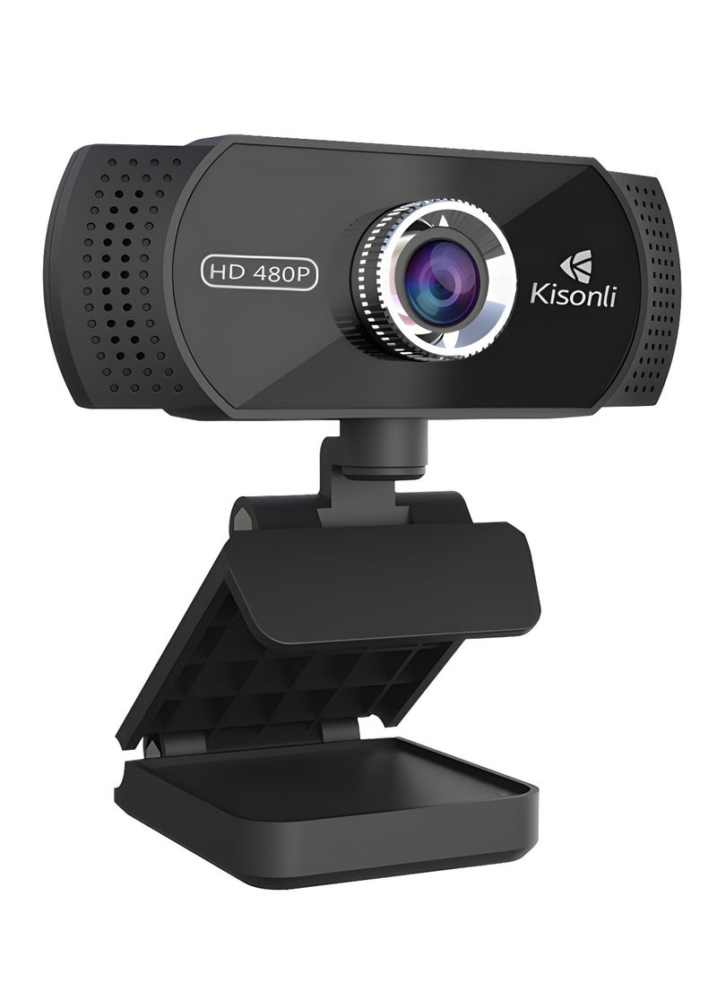Kisonli PC-5 HD 480P Webcam with Manual Focus and Built-in Mic - USB Plug and Play - Compatible with Windows XP/7/10-BLACK