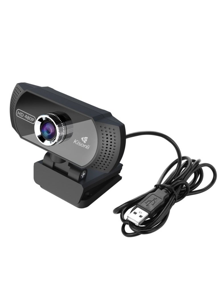 Kisonli PC-5 HD 480P Webcam with Manual Focus and Built-in Mic - USB Plug and Play - Compatible with Windows XP/7/10-BLACK
