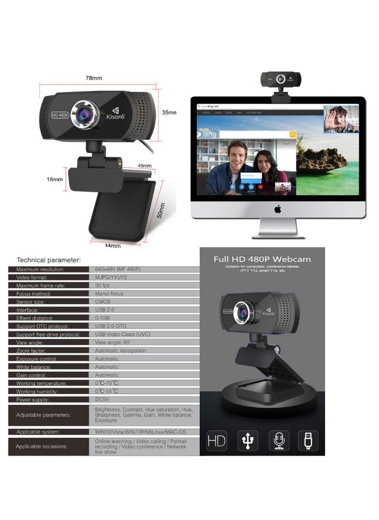 Kisonli PC-5 HD 480P Webcam with Manual Focus and Built-in Mic - USB Plug and Play - Compatible with Windows XP/7/10-BLACK