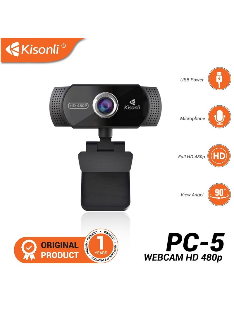 Kisonli PC-5 HD 480P Webcam with Manual Focus and Built-in Mic - USB Plug and Play - Compatible with Windows XP/7/10-BLACK
