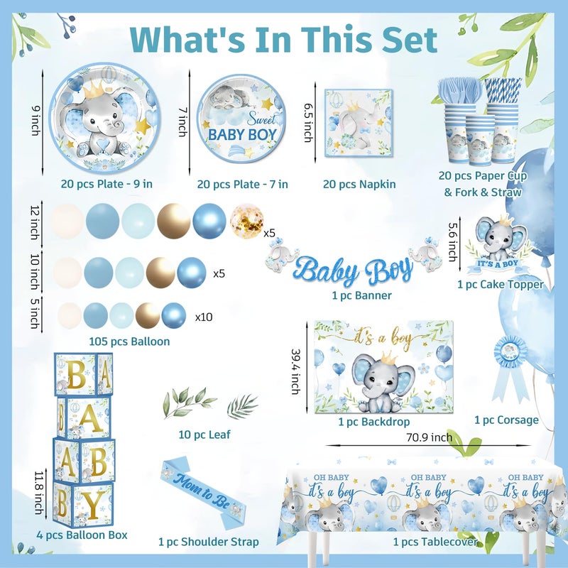 cocomigo 260PCS Elephant Baby Shower Decorations, All-in-1 Party Pack, Includes 20 Elephant Theme Tableware, Backdrop Tablecloth Balloon Kit for Baby Shower Decorations Boy - Image 2