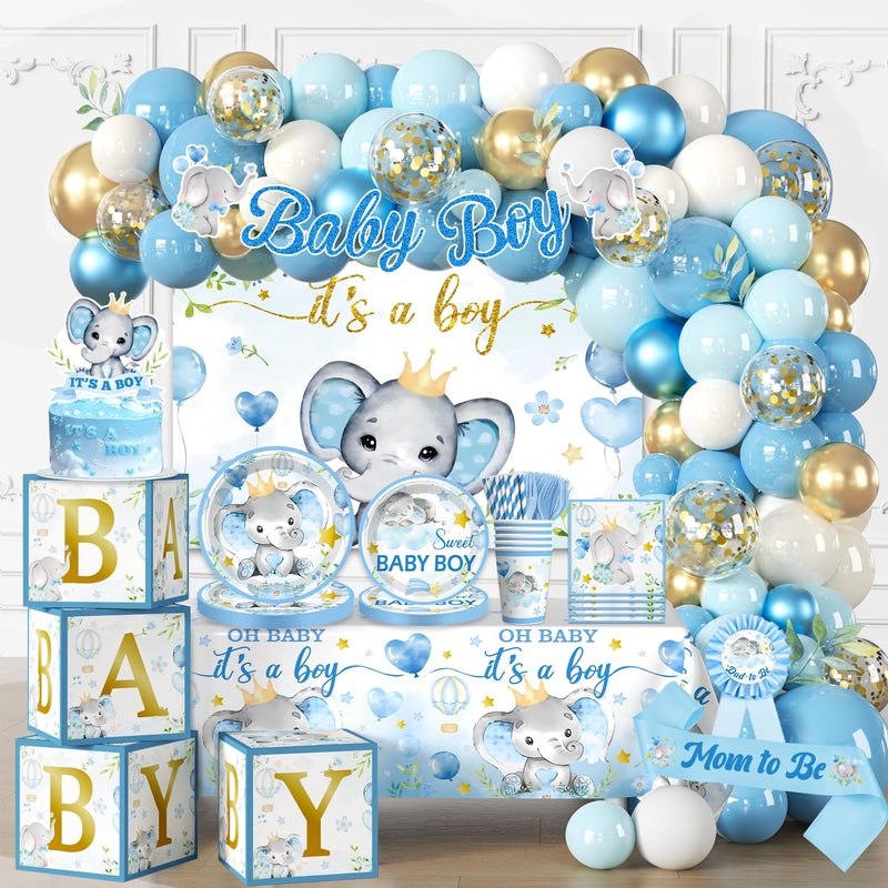 cocomigo 260PCS Elephant Baby Shower Decorations, All-in-1 Party Pack, Includes 20 Elephant Theme Tableware, Backdrop Tablecloth Balloon Kit for Baby Shower Decorations Boy - Image 1