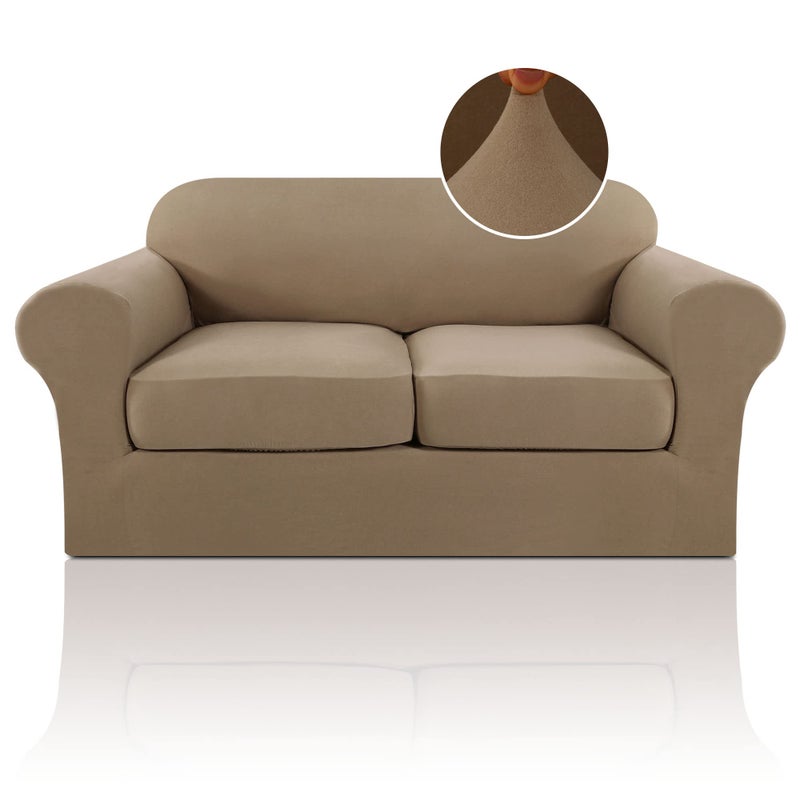 PrinceDeco Couch Covers for 2 Cushion Couch Sofa High Stretch Luxury 3 Pieces Sofa Slipcovers with Elastic Bottom loveseat Cushion Cover Warm Sand 2 Cushion Loveseat