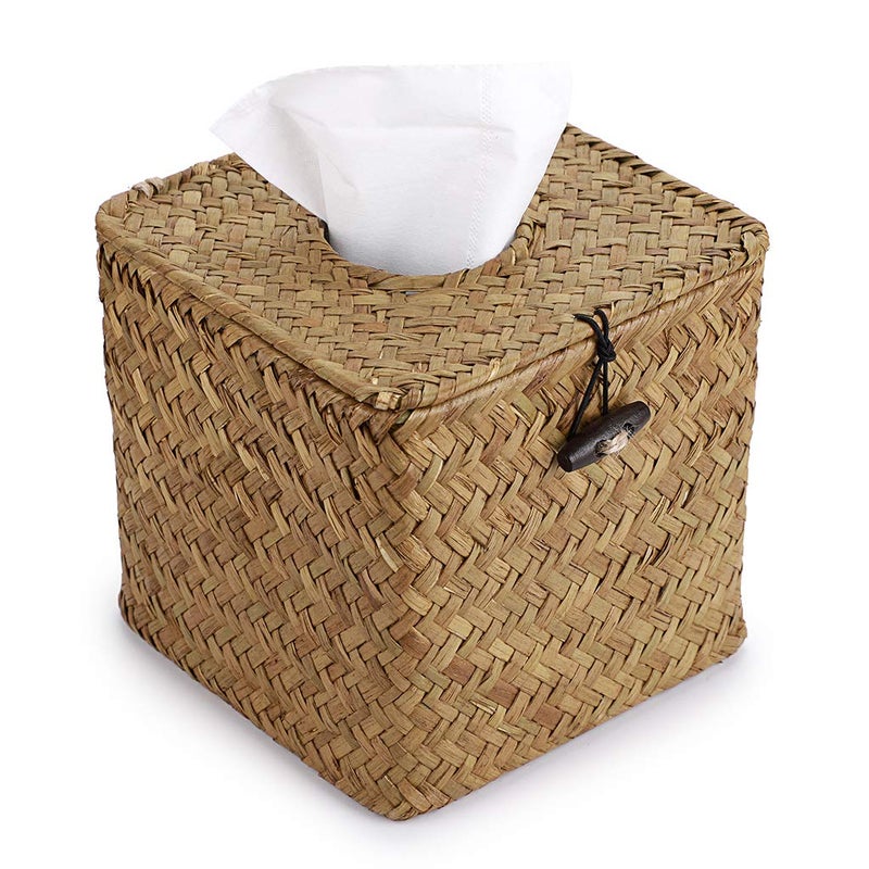 BSTKEY Household Cube Seagrass Facial Tissue Box Decorative Woven Paper Holder Original ColorYellow14x14x13