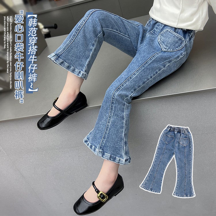 Girls' Jeans Love Pocket Denim Flared Pants Stylish Fashion Denim Flared Pants - Image 2