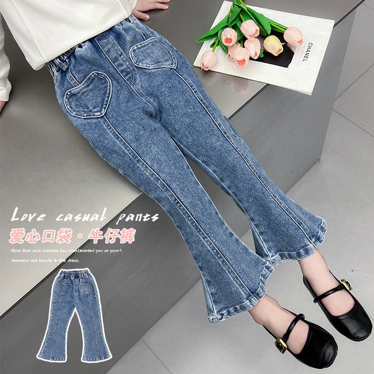 Girls' Jeans Love Pocket Denim Flared Pants Stylish Fashion Denim Flared Pants - Image 3