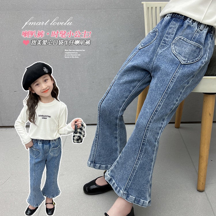 Girls' Jeans Love Pocket Denim Flared Pants Stylish Fashion Denim Flared Pants - Image 4