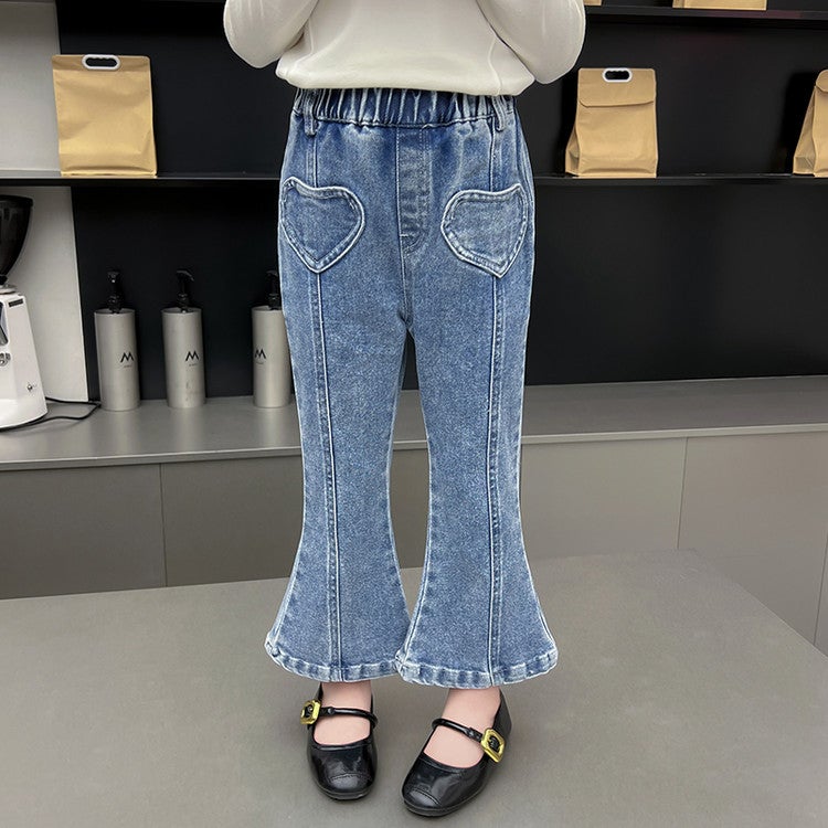 Girls' Jeans Love Pocket Denim Flared Pants Stylish Fashion Denim Flared Pants - Image 1