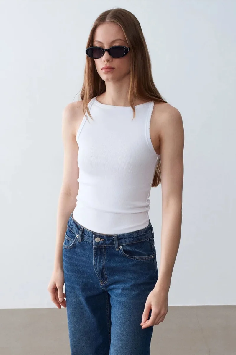 DILVIN Ribbed Cotton Halterneck Blouse