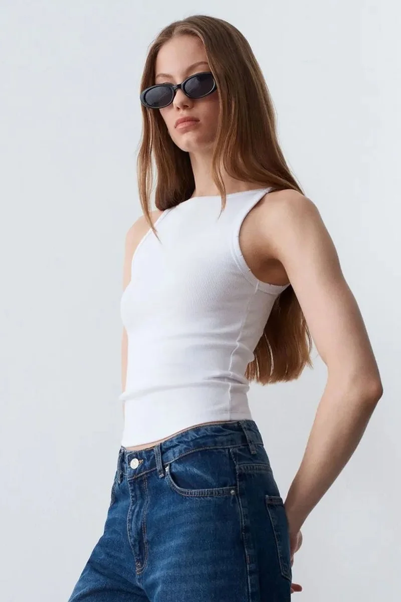 Dilvin White DILVIN Ribbed Cotton Halterneck Blouse for Women | Best Price UAE