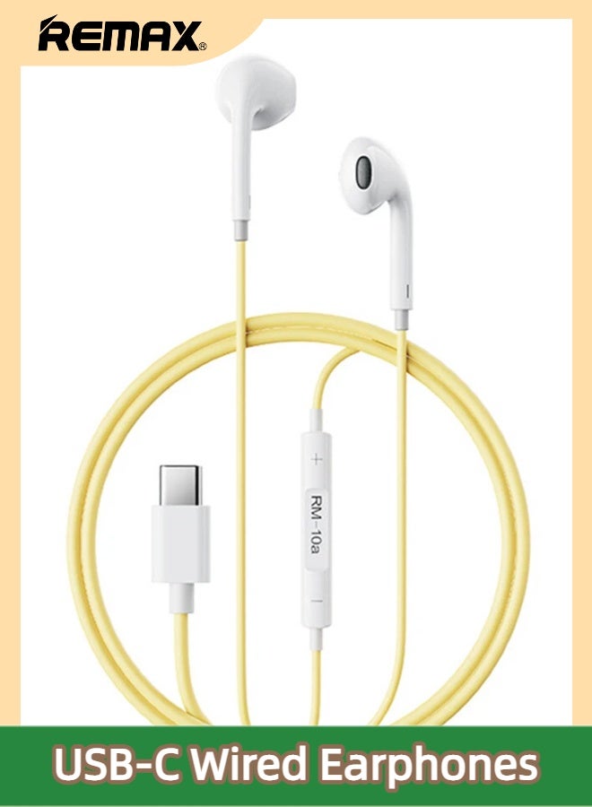 REMAX RM-10a Colorful USB Type C Wired Earphones, In-Ear HD Stereo with Mic & Volume Control, for Music, Calls & Gaming, Compatible with All USB Type C Devices (Yellow) - Image 1