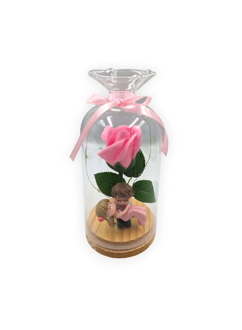 UNT Rose in Glass Dome with Miniature Couple and LED lights - Image 2