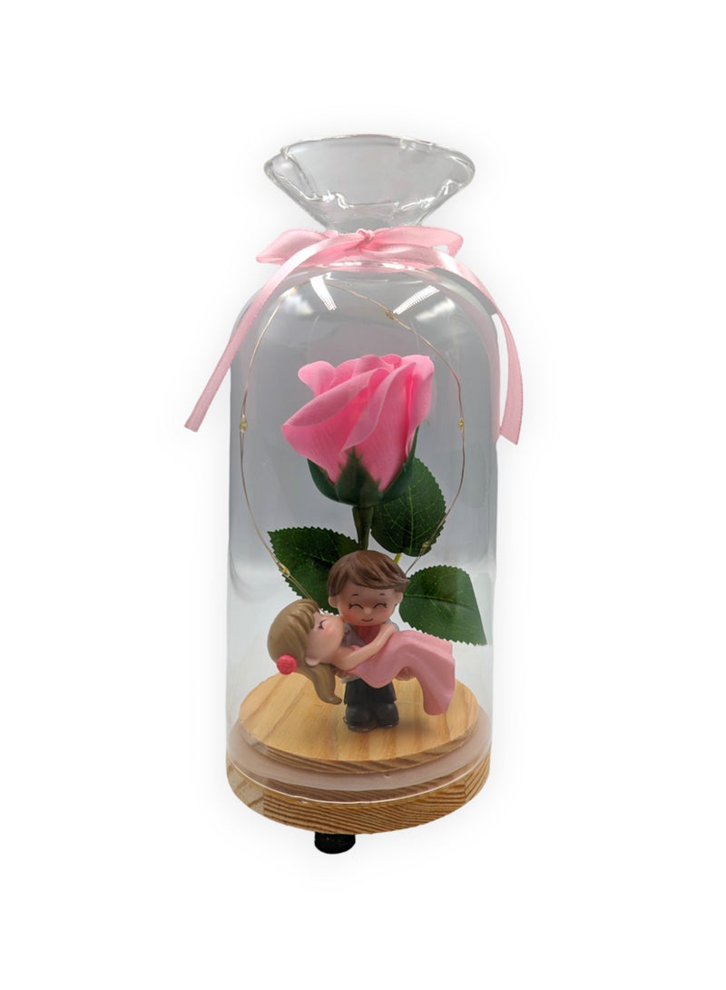 UNT Rose in Glass Dome with Miniature Couple and LED lights - Image 1