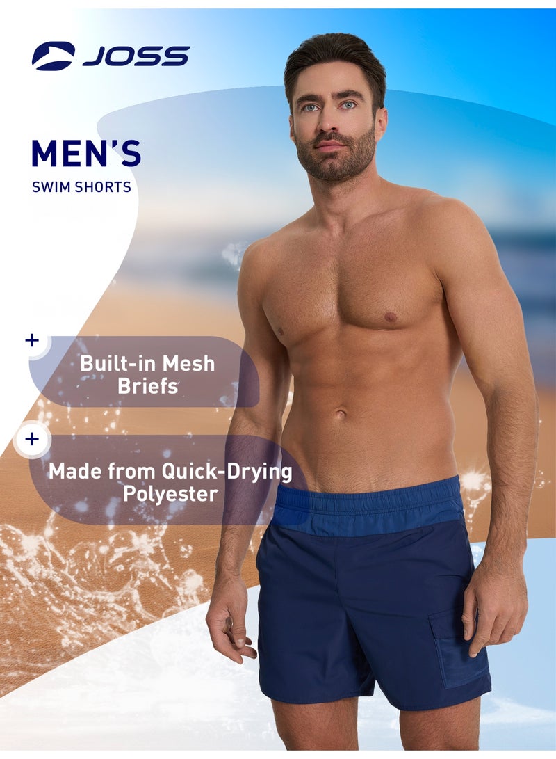 Joss Men's Swimming Shorts Blue – Quick-Drying, Adjustable Drawstring, 3 Velcro Pockets, Built-In Suspenders, Comfortable for Water Sports - Image 2
