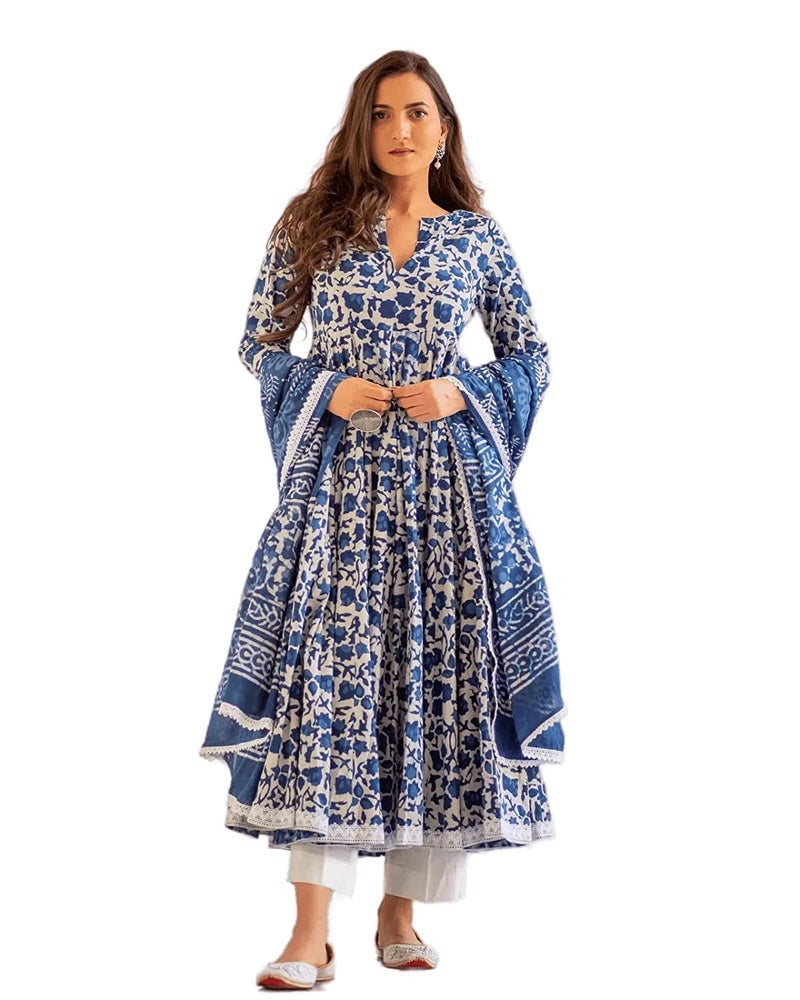 MEERA FAB Women's Plus Size Printed Pure Cotton Anarkali Kurta with Palazzos & Dupatta Blue, 3XL - Image 1