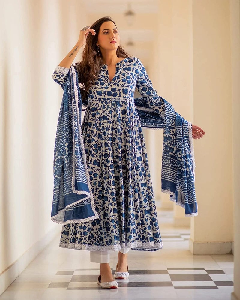 MEERA FAB Women's Plus Size Printed Pure Cotton Anarkali Kurta with Palazzos & Dupatta Blue, 3XL - Image 3