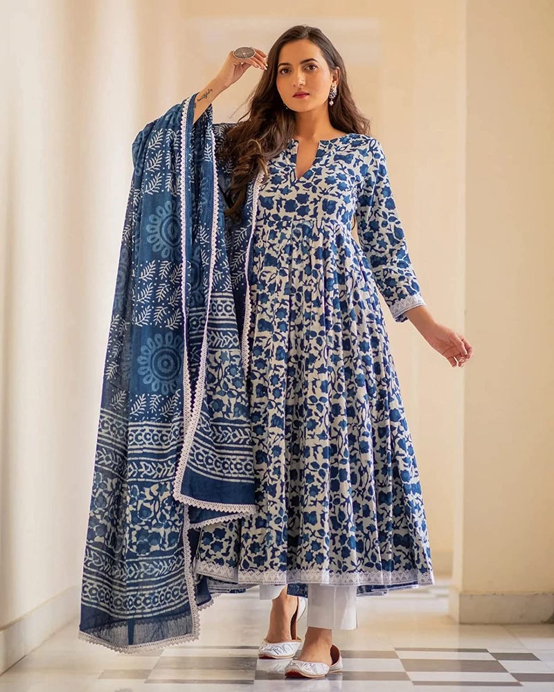 MEERA FAB Women's Plus Size Printed Pure Cotton Anarkali Kurta with Palazzos & Dupatta Blue, 3XL - Image 2