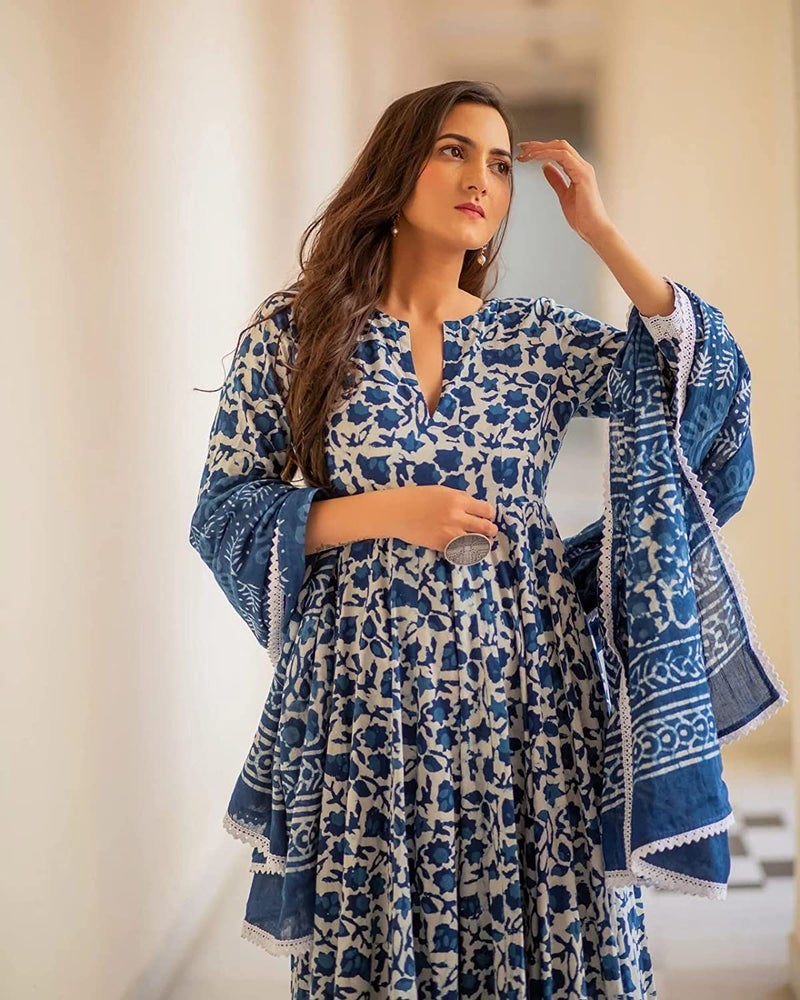 MEERA FAB Women's Plus Size Printed Pure Cotton Anarkali Kurta with Palazzos & Dupatta Blue, 3XL - Image 4