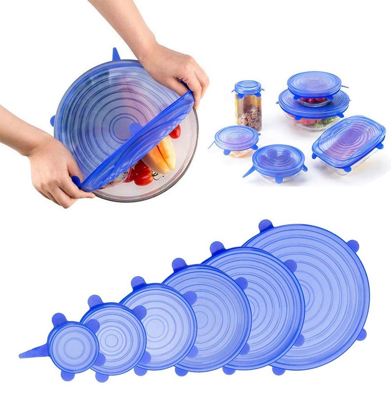 Lanting 6 Pcs Stretchable Food Saver Dishwasher and Freezer, Bowl Covers Reusable, Blue Silicone Stretch Lids - Image 1