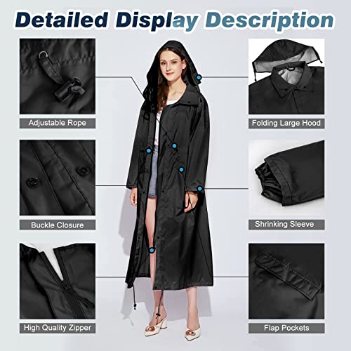 LAMA Womens Long Raincoats Rain Jacket Waterproof Packable Outdoor Hooded Windbreaker Lightweight Adjustable Waist for Outdoors(Black, L) - Image 3