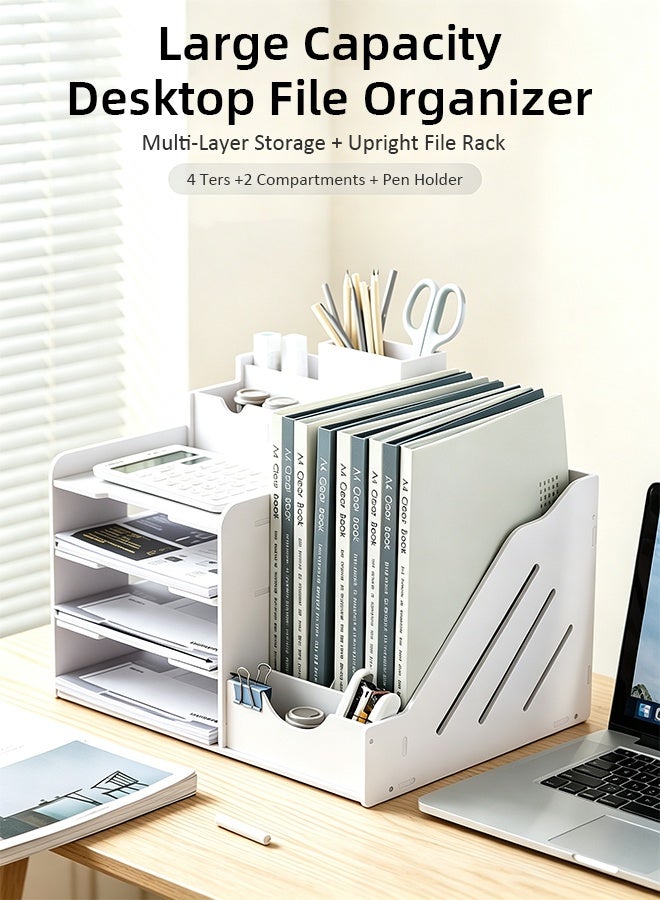 DUNISO 4 Tier Desktop Organizer, Book Holder,Office Desk Organizer, Desk Stationery Storage File Sorter Organizerand Accessories with Magazine Folder Holder for Home Office School Decoration - Image 1