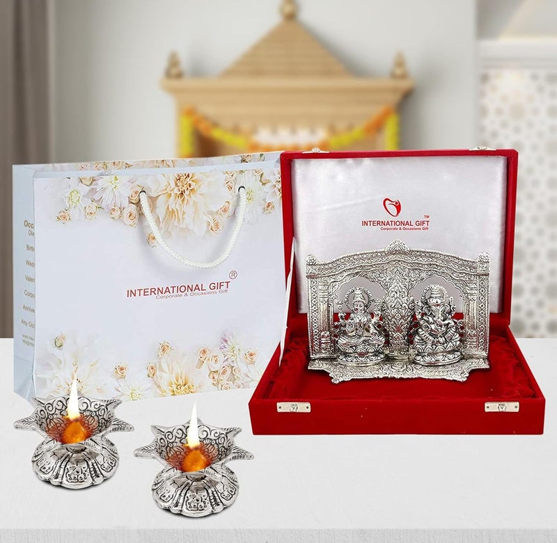 INTERNATIONAL GIFT Silver Plated Laxmi Ganesh God Idol Statue Oxidized Finish with 2 Piece Jyot with Beautiful Velvet Box Packing and with Carry Bag 15H x 20W x 45L Centimeters - Image 1