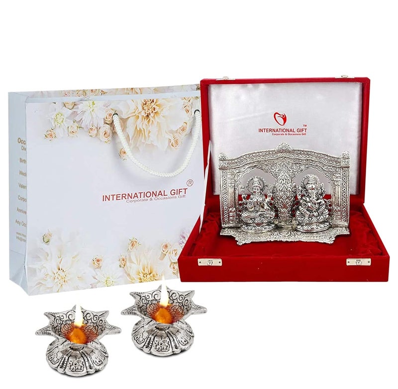 INTERNATIONAL GIFT Silver Plated Laxmi Ganesh God Idol Statue Oxidized Finish with 2 Piece Jyot with Beautiful Velvet Box Packing and with Carry Bag 15H x 20W x 45L Centimeters - Image 5