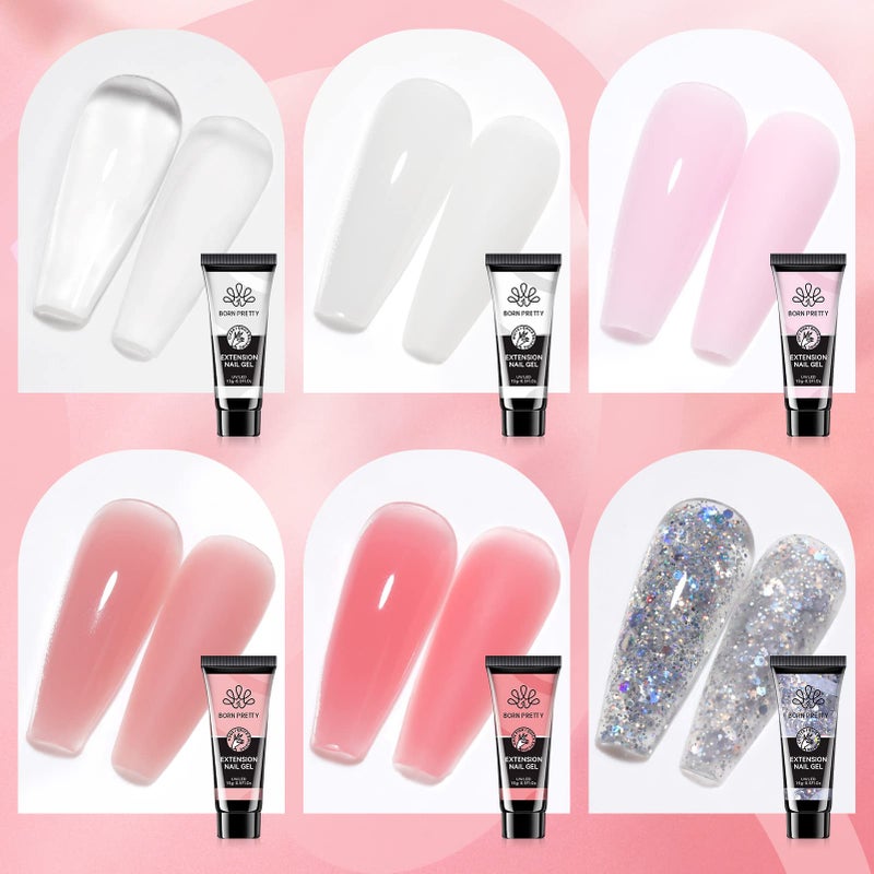 BORN PRETTY Poly Nail Extension Gel Kit-6 Colors Poly Nails Gel Kit Nude Clear Jelly Pink All In One Kit Builder Glue Gel with Nail Lamp Base Top Coat Set Nail Forms French Manicure Set for Beginner Starter DIY at Home Mother's Day Gifts - Image 2