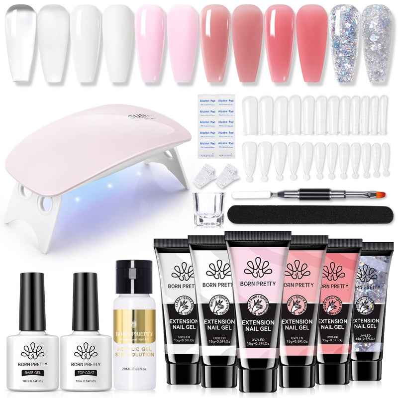 BORN PRETTY Poly Nail Extension Gel Kit-6 Colors Poly Nails Gel Kit Nude Clear Jelly Pink All In One Kit Builder Glue Gel with Nail Lamp Base Top Coat Set Nail Forms French Manicure Set for Beginner Starter DIY at Home Mother's Day Gifts - Image 1