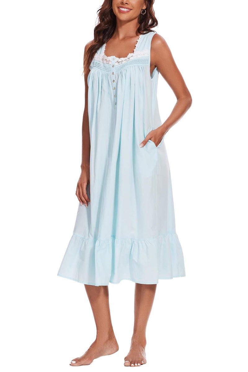 AVIIER 100% Cotton Nightgowns for Women Sleeveless Sleep Dress Ladies Gowns Sleepwear with Pockets (Light Blue, Small) - Image 3